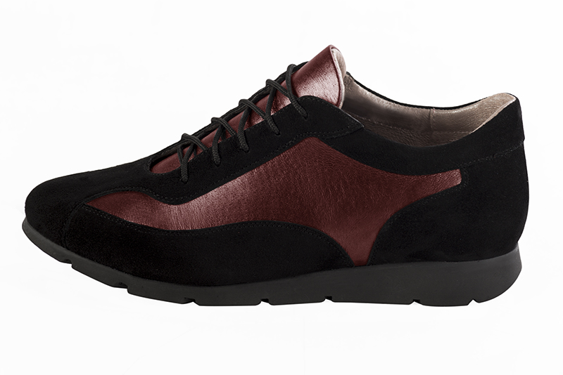 Matt black and burgundy red women's two-tone elegant sneakers. Round toe. Flat rubber soles. Profile view - Florence KOOIJMAN
